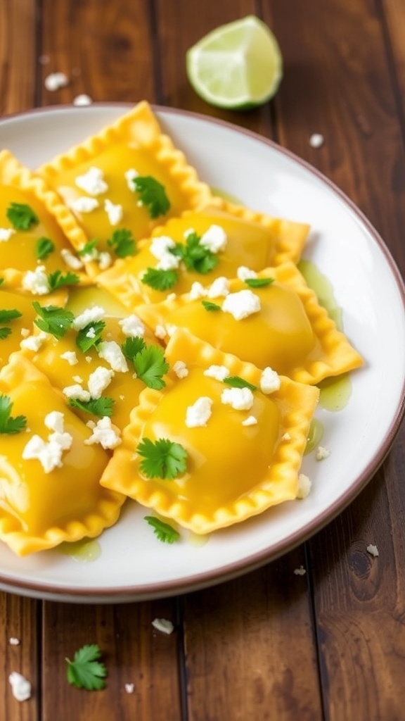 Street corn ravioli topped with lime butter sauce, cotija cheese, and cilantro on a rustic wooden table.